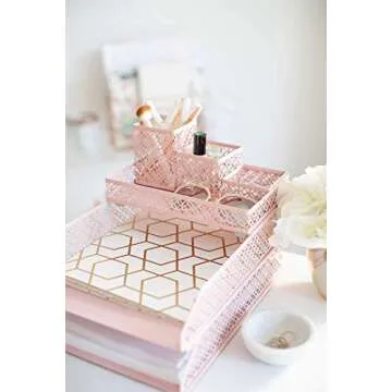 BLU MONACO Pink Desk Organizer Set for Women – 6-Piece Interlocking Office Supplies Set, Pen Cup, 3 Accessory Trays & 2 Letter Trays, Pink Room Decor for Women & Teen Girls