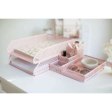 BLU MONACO Pink Desk Organizer Set for Women – 6-Piece Interlocking Office Supplies Set, Pen Cup, 3 Accessory Trays & 2 Letter Trays, Pink Room Decor for Women & Teen Girls