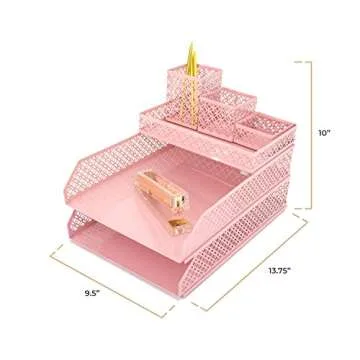 BLU MONACO Pink Desk Organizer Set for Women – 6-Piece Interlocking Office Supplies Set, Pen Cup, 3 Accessory Trays & 2 Letter Trays, Pink Room Decor for Women & Teen Girls