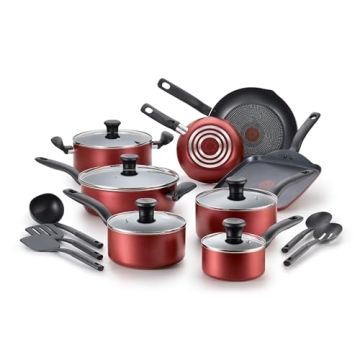 T-fal Initiatives Nonstick Cookware Set 18 Piece - Stylish Red Kitchen Essential