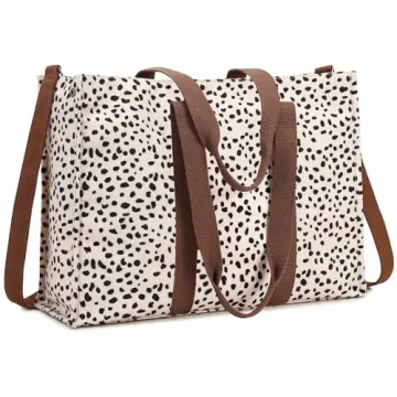 Laptop Tote Bag for Women Work Shoulder Bags 15.6 inch Canvas Laptop Computer Purse Messenger Teacher Handbag Business Office Briefcase (Leopard - Apricot)