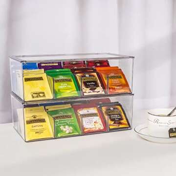 Puricon 2 Pack Tea Bag Organizer Clear Acrylic Tea Storage Box with Lid, Plastic Tea Bag Holder Stackable Tea Organizer for Tea Bags Container Dispenser for Cabinet Pantry Counter Countertop -Clear