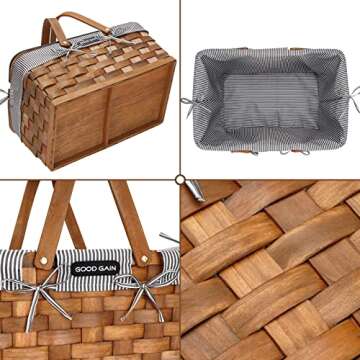 Woodchip Picnic Basket for 2 with Portable Wine Table, Woven Basket with Double Swing Handles & Remo...