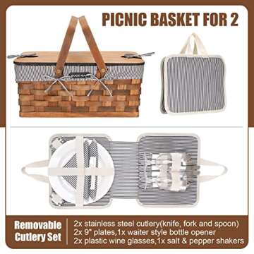 Woodchip Picnic Basket for 2 with Portable Wine Table, Woven Basket with Double Swing Handles & Removable Cutlery Service Kit, Large Basket for Picnic, Camping, Family, Wedding Gifts for Couple,Grey