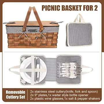 Woodchip Picnic Basket for 2 with Portable Wine Table, Woven Basket with Double Swing Handles & Removable Cutlery Service Kit, Large Basket for Picnic, Camping, Family, Wedding Gifts for Couple,Grey