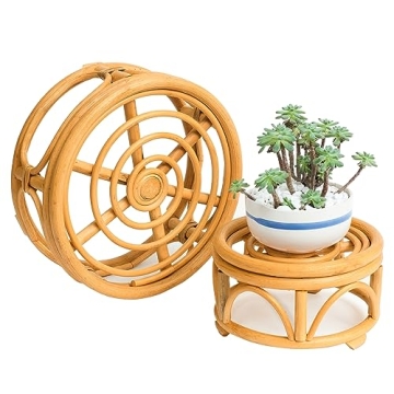 Boho Rattan Round Plant Stands Set of 2 Stylish Decor