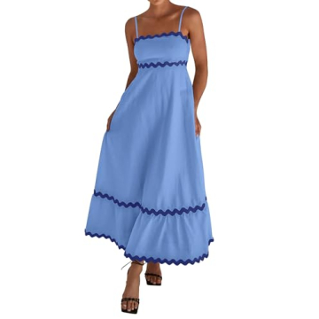dowerme Women's Casual Summer Maxi Dress - Spaghetti Straps & Smocked Back