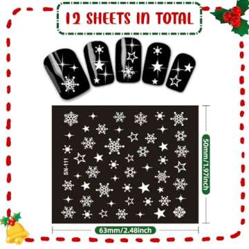Naler 12 Sheets Christmas Nail Art Stickers, Xmas 3D Nail Art Stickers Decals Decorations Snowflake Snowman Design for Xmas New Year