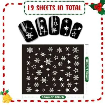 Naler 12 Sheets Christmas Nail Art Stickers, Xmas 3D Nail Art Stickers Decals Decorations Snowflake Snowman Design for Xmas New Year