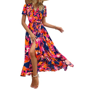 PRETTYGARDEN Women's Summer Wrap Maxi Dress Casual Boho Floral V Neck Short Sleeve Ruffle Hem Split ...