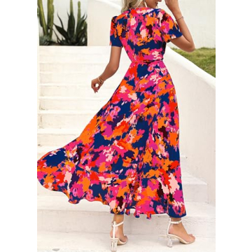 PRETTYGARDEN Women's Summer Wrap Maxi Dress Casual Boho Floral V Neck Short Sleeve Ruffle Hem Split Beach Long Dresses (Blue Orange Floral,XX-Large)