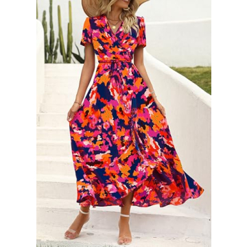 PRETTYGARDEN Women's Summer Wrap Maxi Dress Casual Boho Floral V Neck Short Sleeve Ruffle Hem Split Beach Long Dresses (Blue Orange Floral,XX-Large)