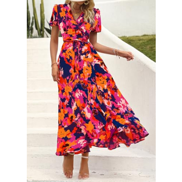 PRETTYGARDEN Women's Summer Wrap Maxi Dress Casual Boho Floral V Neck Short Sleeve Ruffle Hem Split Beach Long Dresses (Blue Orange Floral,XX-Large)