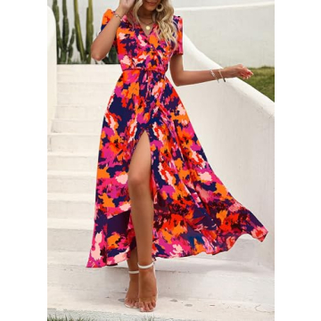 PRETTYGARDEN Women's Summer Wrap Maxi Dress Casual Boho Floral V Neck Short Sleeve Ruffle Hem Split Beach Long Dresses (Blue Orange Floral,XX-Large)