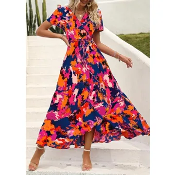 PRETTYGARDEN Women's Summer Wrap Maxi Dress Casual Boho Floral V Neck Short Sleeve Ruffle Hem Split Beach Long Dresses (Blue Orange Floral,XX-Large)