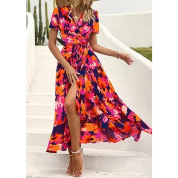 PRETTYGARDEN Women's Summer Wrap Maxi Dress Casual Boho Floral V Neck Short Sleeve Ruffle Hem Split Beach Long Dresses (Blue Orange Floral,XX-Large)