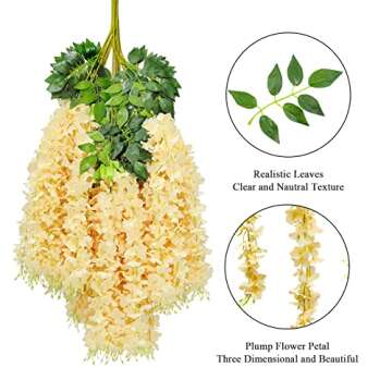 Pauwer Wisteria Hanging Flowers 24 Pack Fake Flower Garland Artificial Wisteria Vines Rattan Silk Flower String Wedding Party Wall Decorations,Champagne
