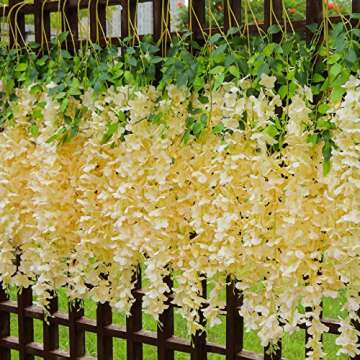 Pauwer Wisteria Hanging Flowers 24 Pack Fake Flower Garland Artificial Wisteria Vines Rattan Silk Flower String Wedding Party Wall Decorations,Champagne