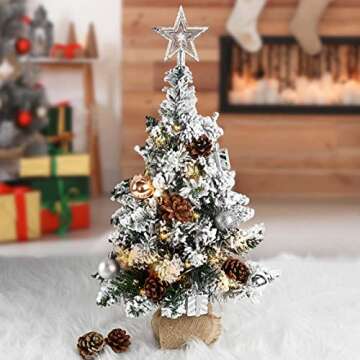 24 Inch 2FT Snowy Mini Christmas Tree, Small Tabletop Flocked Tree with LED Lights, Pine Cones, Balls, Star Tree Topper, Mini Gift Box and Cloth Bag Base, Xmas Decorations (Mini Christmas Tree)