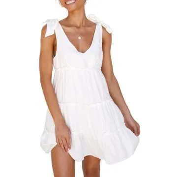 Anloli White Summer Dresses Tie Strap Dress Linen Fabric Cami Mini White Dress S