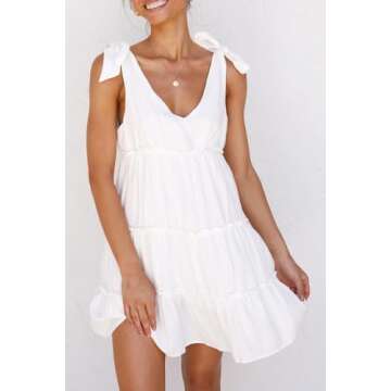 Anloli White Summer Dresses Tie Strap Dress Linen Fabric Cami Mini White Dress S