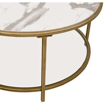 Amazon Brand – Ravenna Home Parker Round Shelf Storage Coffee Table, 31.5"W, Faux Marble/Gold/Glass