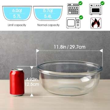 NUTRIUPS 6 Quart Large Glass Mixing Bowl, Clear Large Salad Bowls Glass Big Mixing Bowls for Kitchen