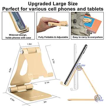 Cell Phone Stand, YOSHINE Upgraded Phone Stand for Desk, Adjustable Tablet Stand, Foldable Portable Aluminum Phone Holder, Cradle, Dock for All iPhone Smartphones and iPad Tablets (4-13in) - Gold