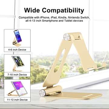 Cell Phone Stand, YOSHINE Upgraded Phone Stand for Desk, Adjustable Tablet Stand, Foldable Portable Aluminum Phone Holder, Cradle, Dock for All iPhone Smartphones and iPad Tablets (4-13in) - Gold