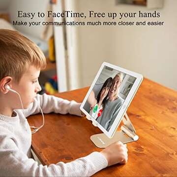 Cell Phone Stand, YOSHINE Upgraded Phone Stand for Desk, Adjustable Tablet Stand, Foldable Portable Aluminum Phone Holder, Cradle, Dock for All iPhone Smartphones and iPad Tablets (4-13in) - Gold