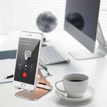 Cell Phone Stand, YOSHINE Upgraded Phone Stand for Desk, Adjustable Tablet Stand, Foldable Portable Aluminum Phone Holder, Cradle, Dock for All iPhone Smartphones and iPad Tablets (4-13in) - Gold