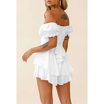 AOHITE Womens Summer Off-Shoulder Dress Boho Ruffle Chiffon Mini Short Dresses White Small