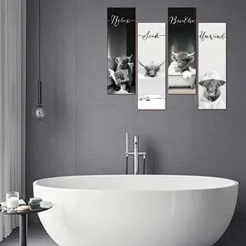 YLOLUL 4 Pieces Highland Cow Bathroom Decor Wood Relax Soak Unwind Breathe Farmhouse Bathroom Decor Rustic Cow Bathroom Decor Sign Hanging Cow Sign for Home Laundry Room Bathroom (Cow)