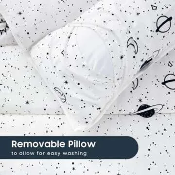 Wake In Cloud - Nap Mat with Removable Pillow for Kids Toddler Boys Girls Daycare Preschool Kindergarten Sleeping Bag, Space Stars Rockets on White, 100% Cotton with Microfiber Fill