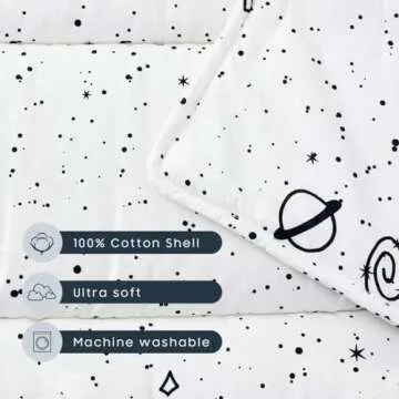 Wake In Cloud - Nap Mat with Removable Pillow for Kids Toddler Boys Girls Daycare Preschool Kindergarten Sleeping Bag, Space Stars Rockets on White, 100% Cotton with Microfiber Fill