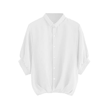 Milumia Women's Collar Lantern Short Sleeve Pleated Hem Button Down Work Blouse Shirt Top Beige Smal...