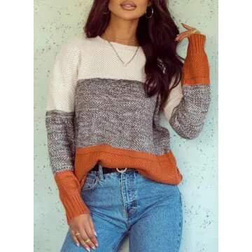 Dokotoo Women's Color Block Sweaters Winter Crewneck Long Sleeve Striped Fall Comfy Loose Knit Jumpers Pullovers Tops Yellow Small