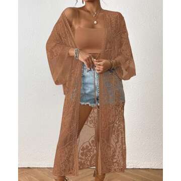 Bsubseach Lace Long Kimonos Women Boho Duster Cardigans Swimsuit Beach Open Front Coverup Sheer Robe Bathing Suit Cover Up Khaki
