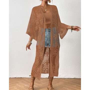 Bsubseach Lace Long Kimonos Women Boho Duster Cardigans Swimsuit Beach Open Front Coverup Sheer Robe Bathing Suit Cover Up Khaki