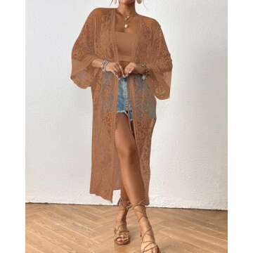 Bsubseach Lace Long Kimonos Women Boho Duster Cardigans Swimsuit Beach Open Front Coverup Sheer Robe Bathing Suit Cover Up Khaki