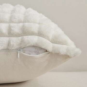 FUTEI Cream White Decorative Throw Pillow Covers 20x20 Inch Set of 2,Square Cushion Case,Fluffy Faux Rabbit Fur Plaid & Soft Velvet Back,Modern Home Decor for Couch Bed