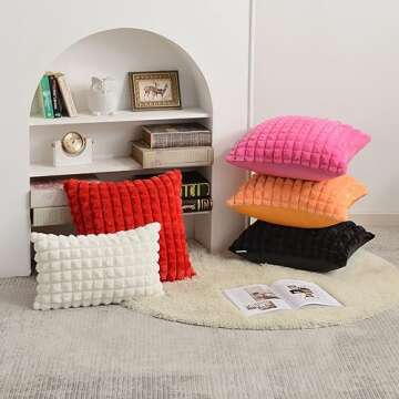 FUTEI Cream White Decorative Throw Pillow Covers 20x20 Inch Set of 2,Square Cushion Case,Fluffy Faux Rabbit Fur Plaid & Soft Velvet Back,Modern Home Decor for Couch Bed