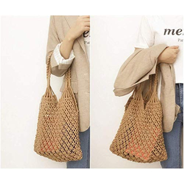 Hixixi Cotton Rope Totes Travel Beach Fishing Net Handbag Shopping Woven Shoulder Bag for Women Girls (Khaki)