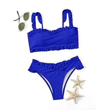 SweatyRocks Women's Bathing Suits Spaghetti Strap Ruffle Wrap Bikini Set Two Piece Swimsuits Dark Blue Small