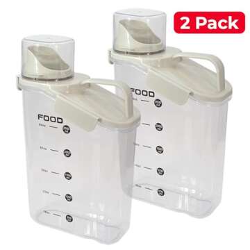 Two Pack Food & Cereal Storage Container - 2.6L Airtight Plastic Kitchen Organizer Bin with Pouring Spout, Measuring Cup Lid, Ideal for Dry Food, Rice, Sugar, Pet Food dispenser - BPA free