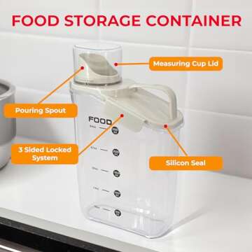 Two Pack Food & Cereal Storage Container - 2.6L Airtight Plastic Kitchen Organizer Bin with Pouring Spout, Measuring Cup Lid, Ideal for Dry Food, Rice, Sugar, Pet Food dispenser - BPA free