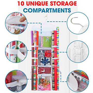 ProPik Hanging Double Sided Wrapping Paper Storage Organizer With Multiple Front And Back Pockets Organize Your Gift Wrap & Gift Bags Bows Ribbons 40”X17 Fits 40 Inch Rolls (White)