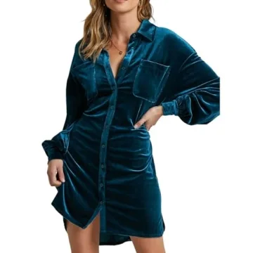 Melliflo Womens Fashion Velvet Dress Long Sleeve Button Down Mini Shirt Dress with Belt Work Office ...