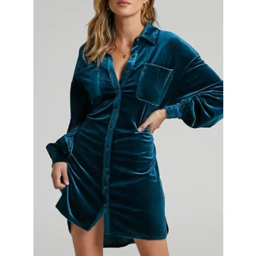 Melliflo Womens Fashion Velvet Dress Long Sleeve Button Down Mini Shirt Dress with Belt Work Office Fall Outfits Blue