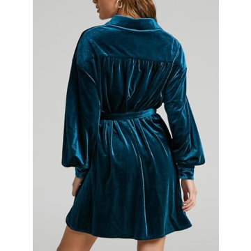 Melliflo Womens Fashion Velvet Dress Long Sleeve Button Down Mini Shirt Dress with Belt Work Office Fall Outfits Blue